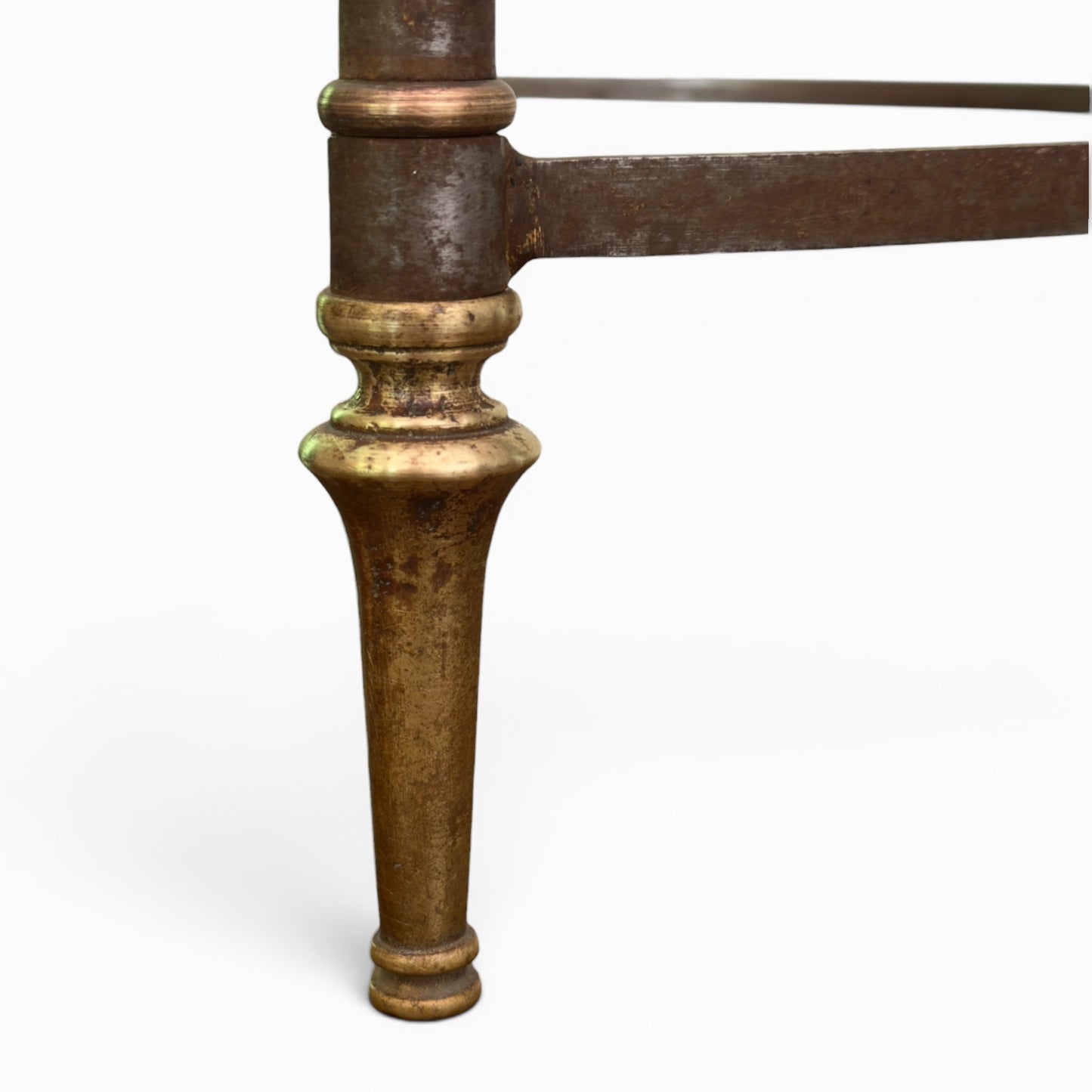French neoclassical brass and iron coffee table with glass top
