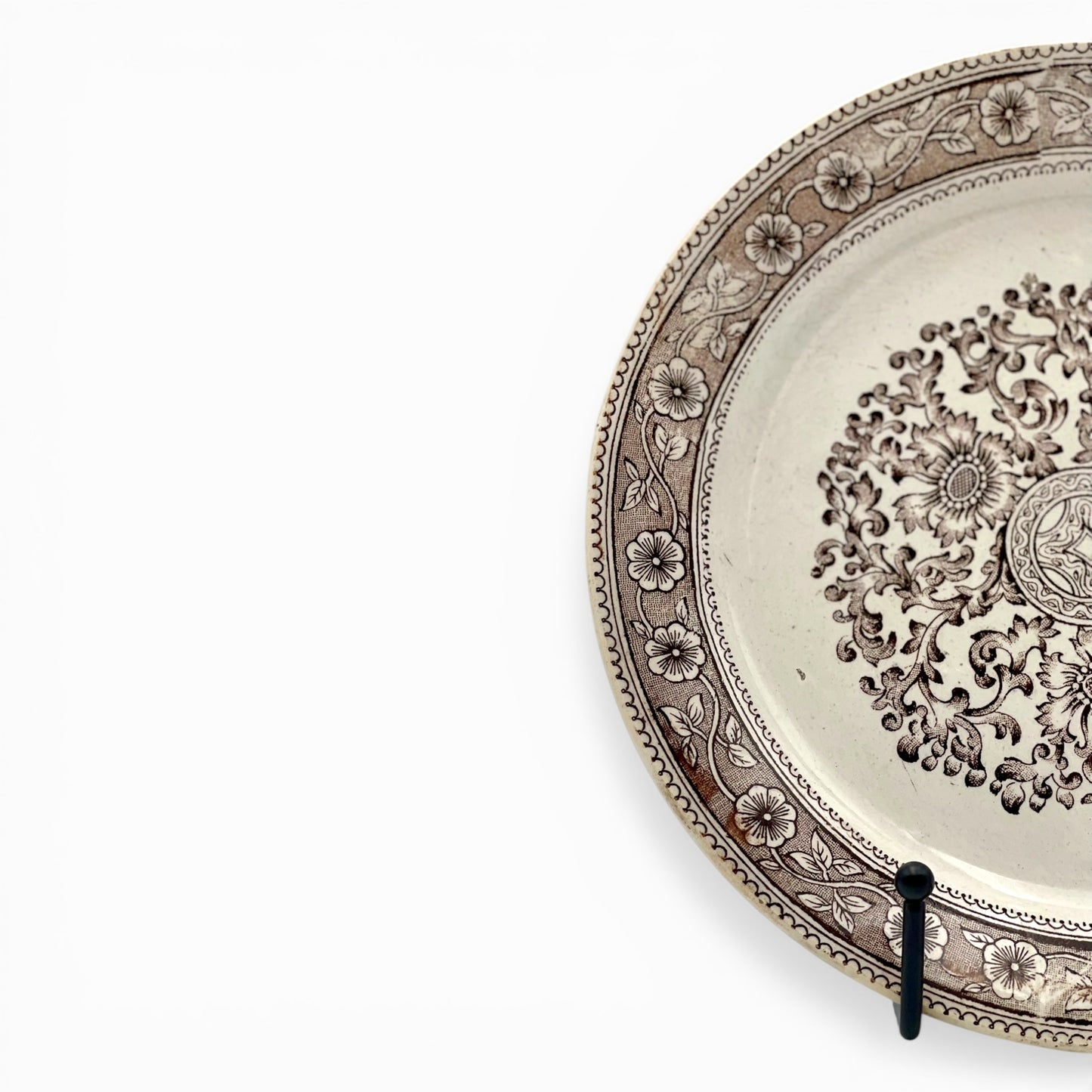 Brown transferware ceramic plate