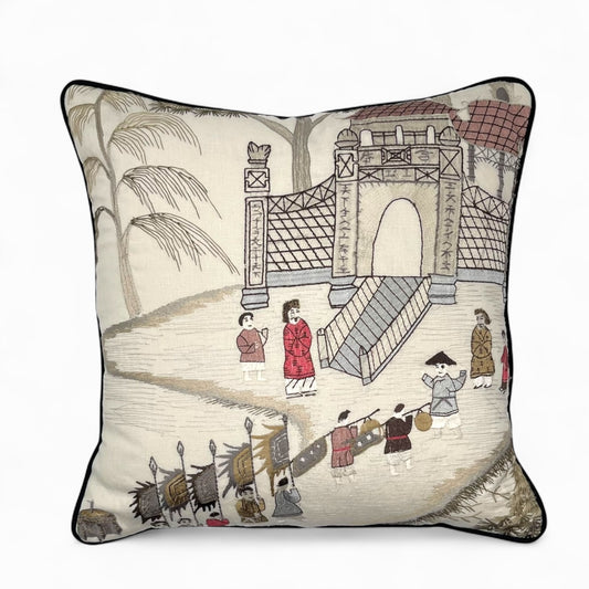 Pillow made with embroidered “Nina Campbell” linen