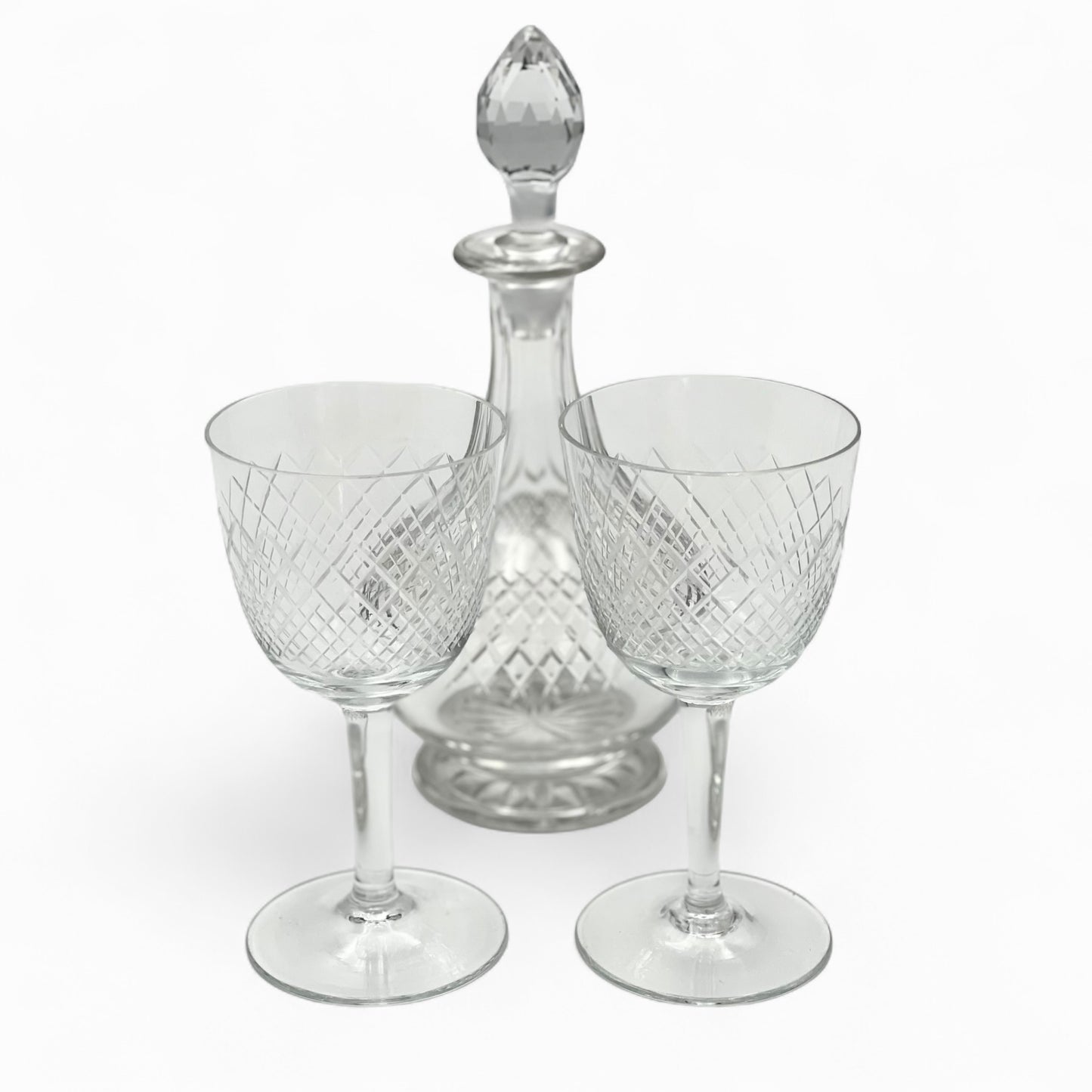 Set of 2 mid century port wine cut crystal glasses and decanter