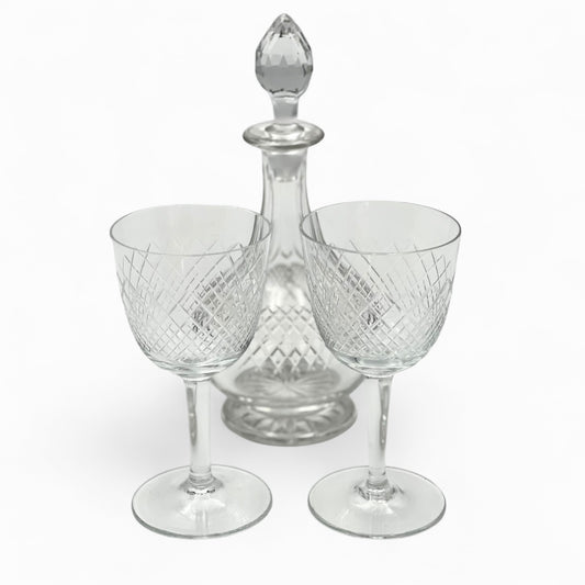 Set of 2 mid century port wine cut crystal glasses and decanter