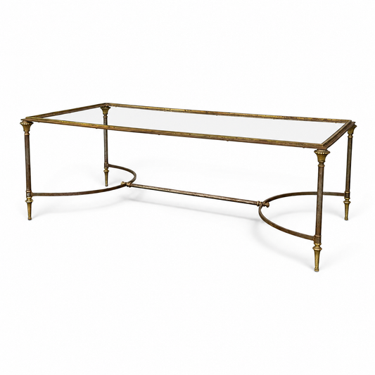 French neoclassical brass and iron coffee table with glass top