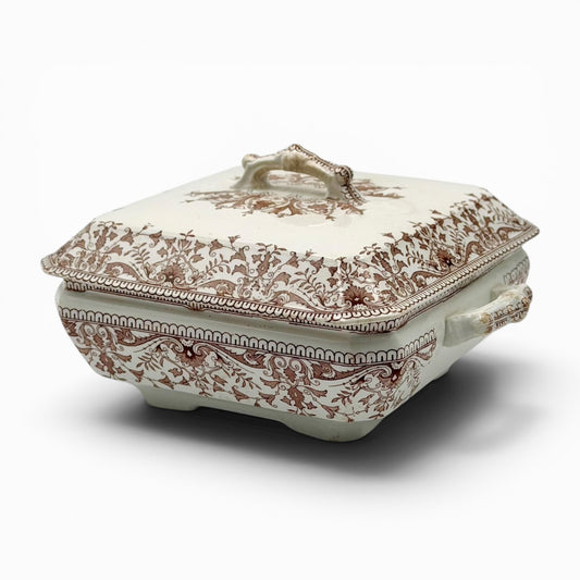 Antique brown transferware covered serving dish
