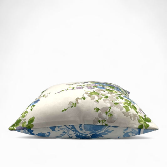 Pillow in Nina Campbell “wisteria bouquet” fabric and back in jacquard pattern