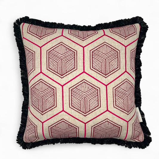 Pillow made with embroidered viscose and linen