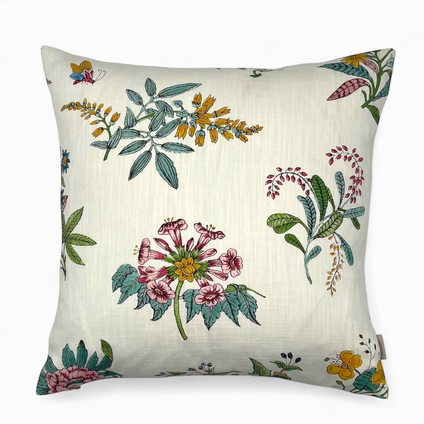 Pillow in woodland floral fabric by HARLEQUIN for Sophie Robinson (back in 100% linen)
