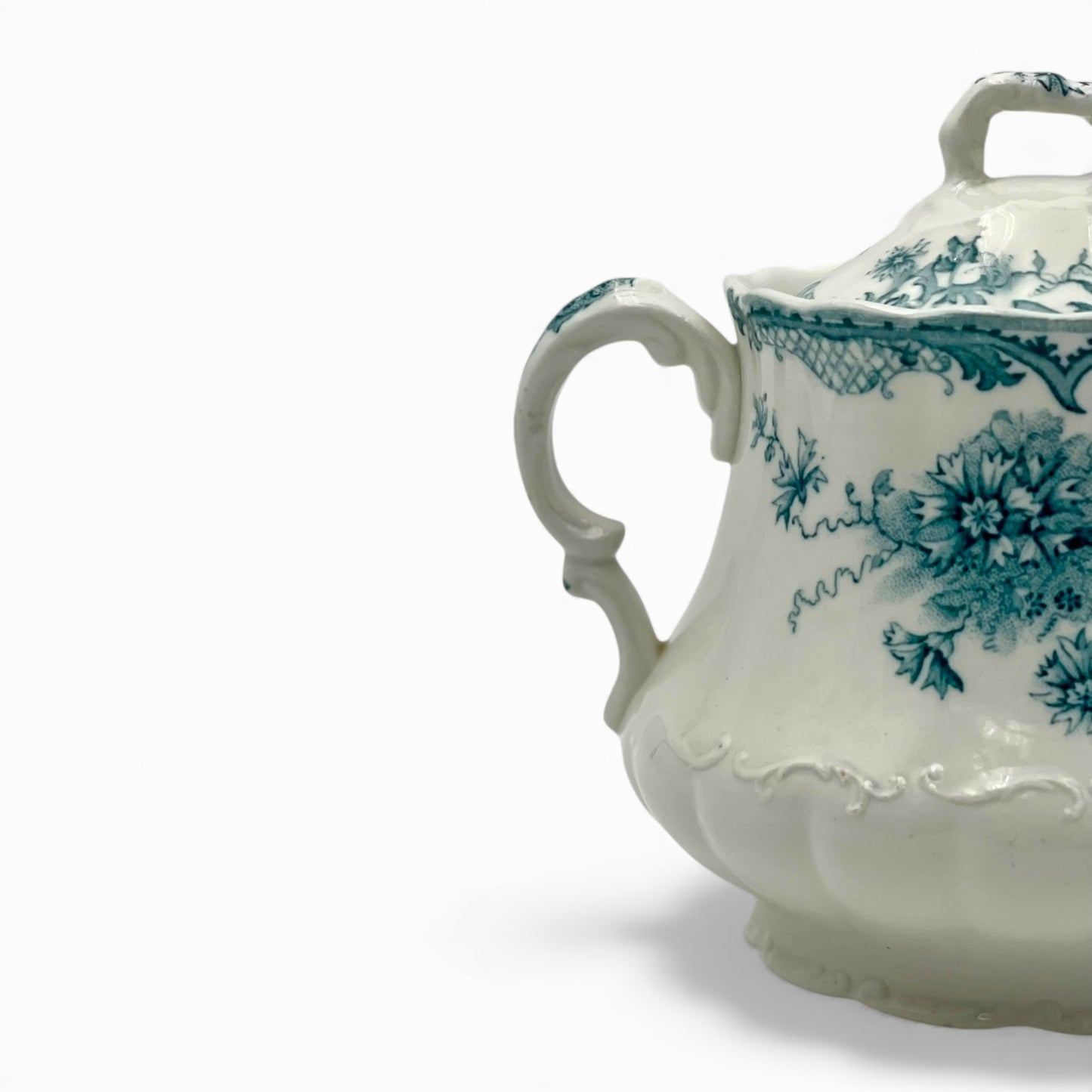 Antique ceramic transferware sugar bowl b&w