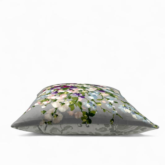 Pillow in Nina Campbell “bouquet on grey” fabric and back in jacquard pattern
