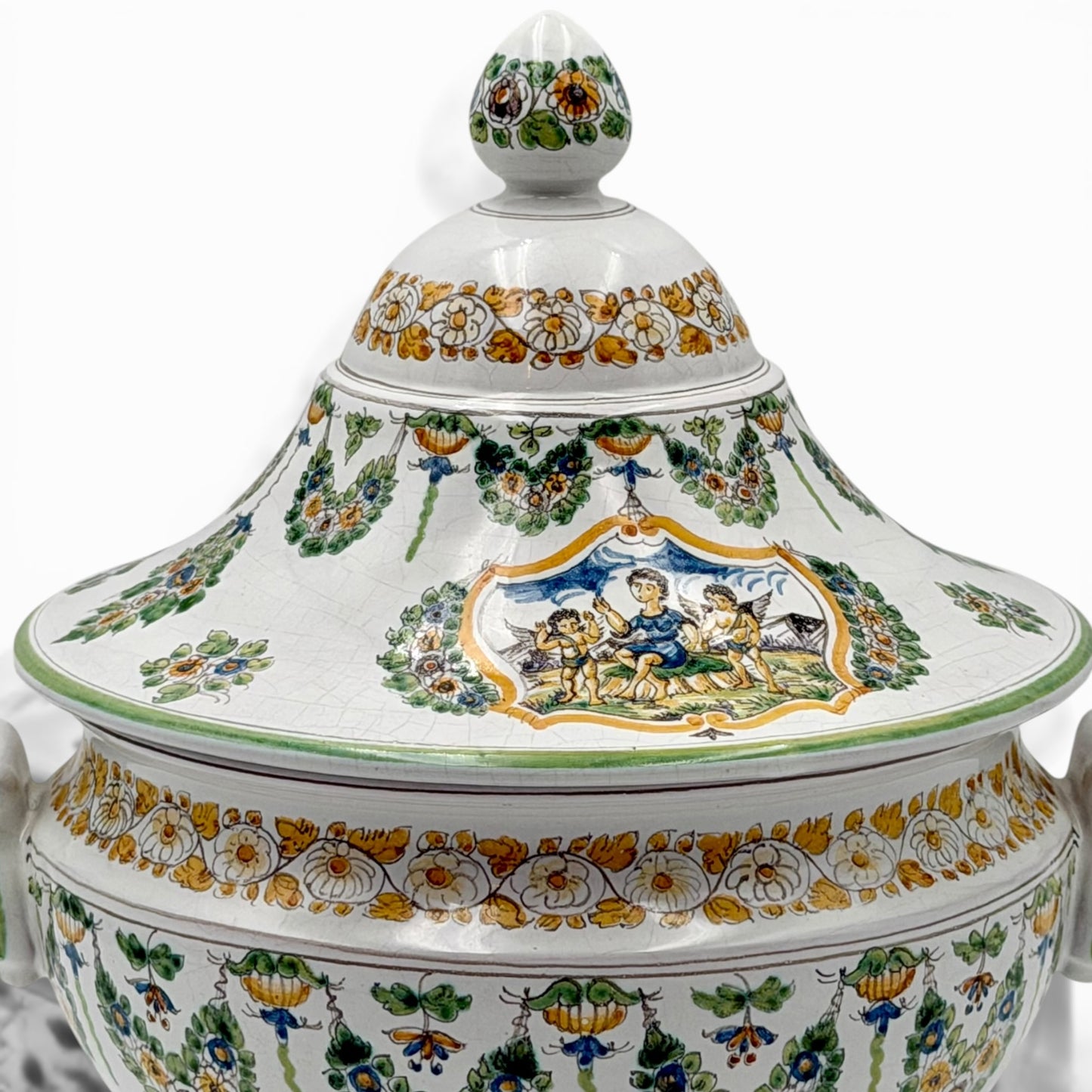 Vintage hand painted Moustier faience lidded tureen