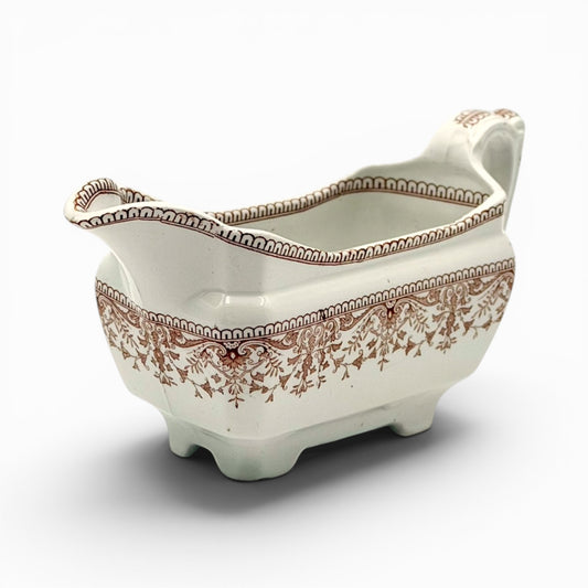Antique brown transferware porcelains gravy boat