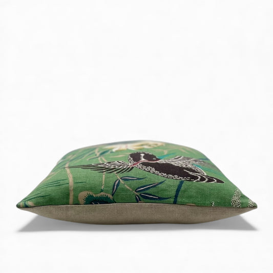 Pillow made with SCHUMACHER Lotus Garden Jade Fabric