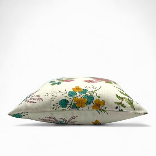 Pillow in woodland floral fabric by HARLEQUIN for Sophie Robinson