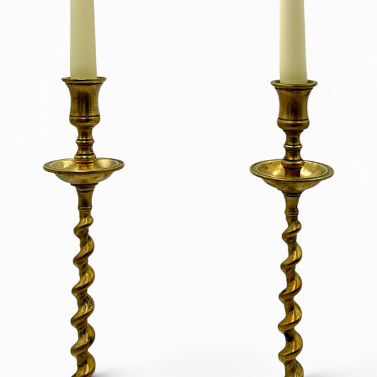 Rare pair of tall antique brass barley twist candlesticks