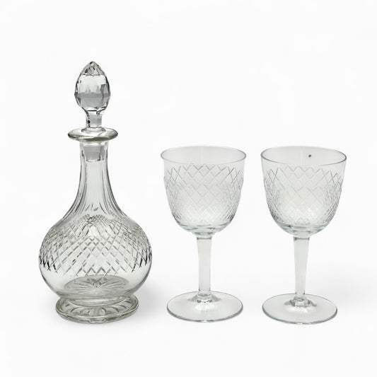 Set of 2 mid century port wine cut crystal glasses and decanter