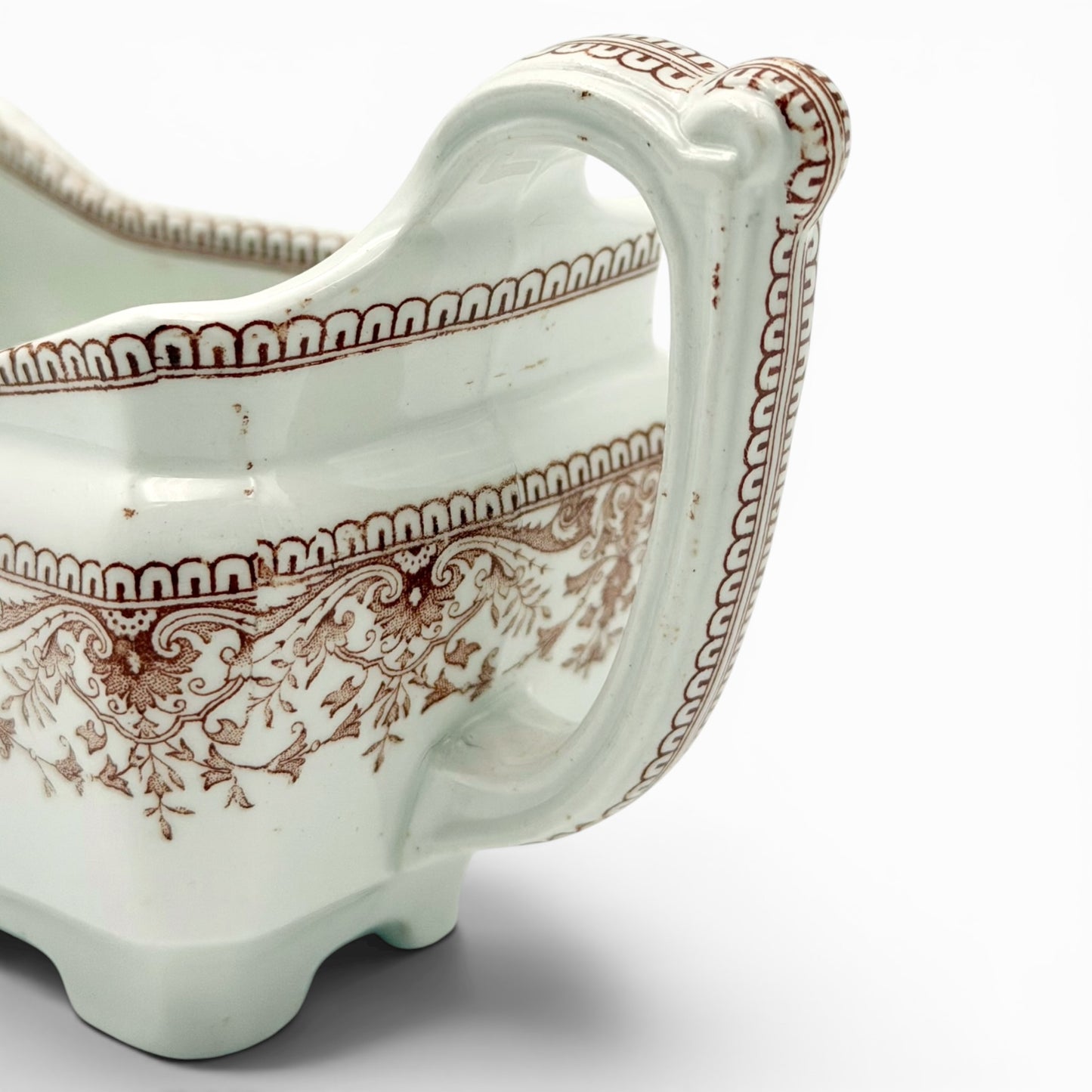 Antique brown transferware porcelains gravy boat