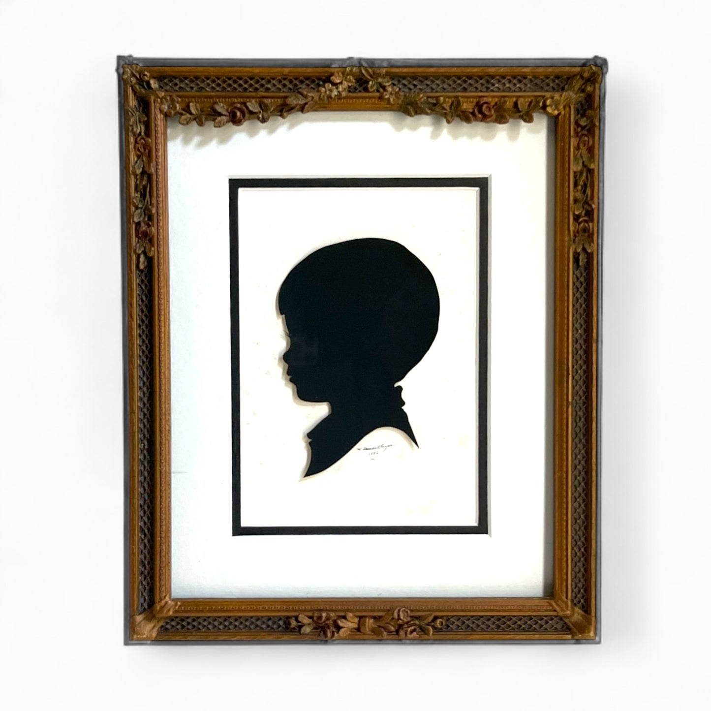 Vintage hand cut silhouette in Antique wood hand carved frame
