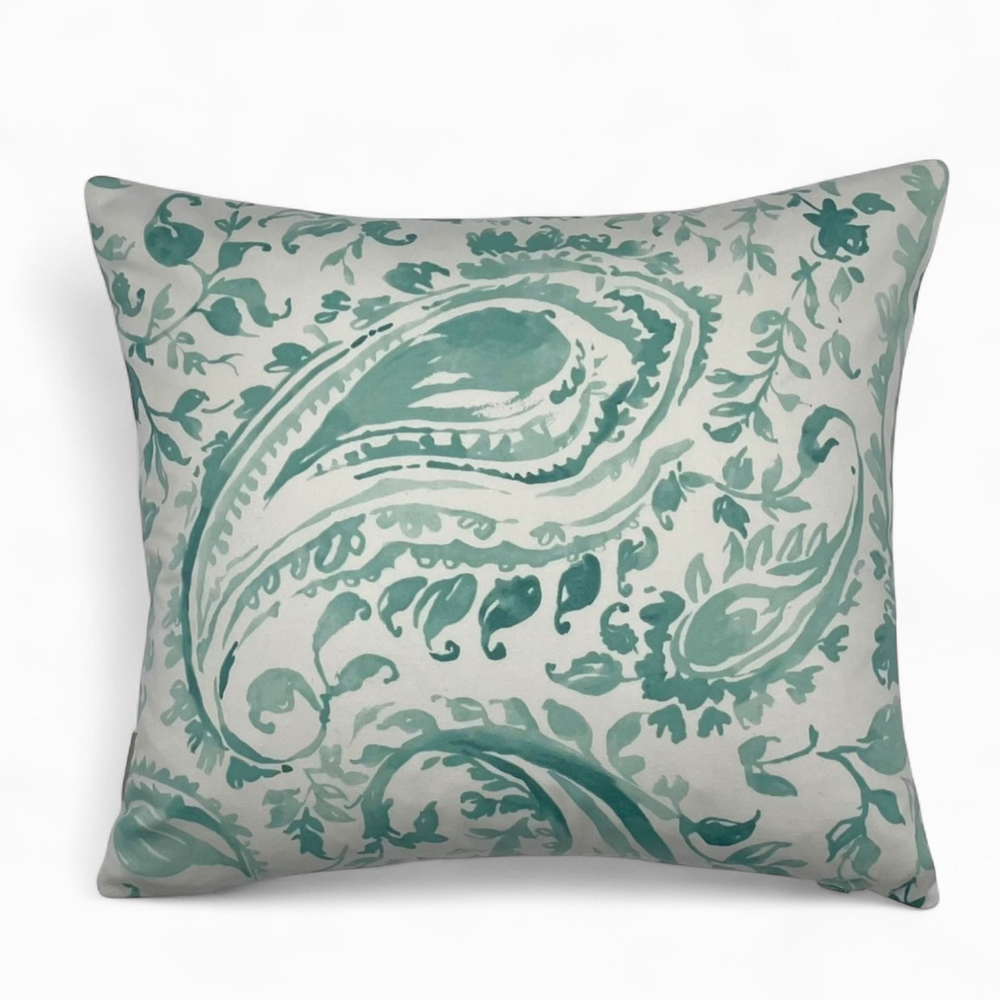 Pillow in Nina Campbell “bouquet in mint” fabric and back in jacquard pattern