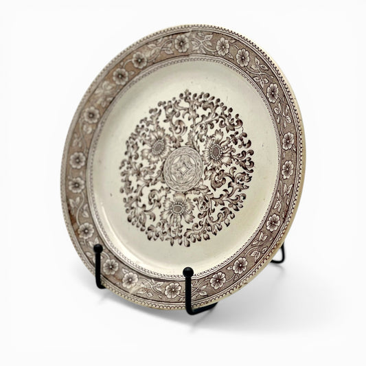 Brown transferware ceramic plate