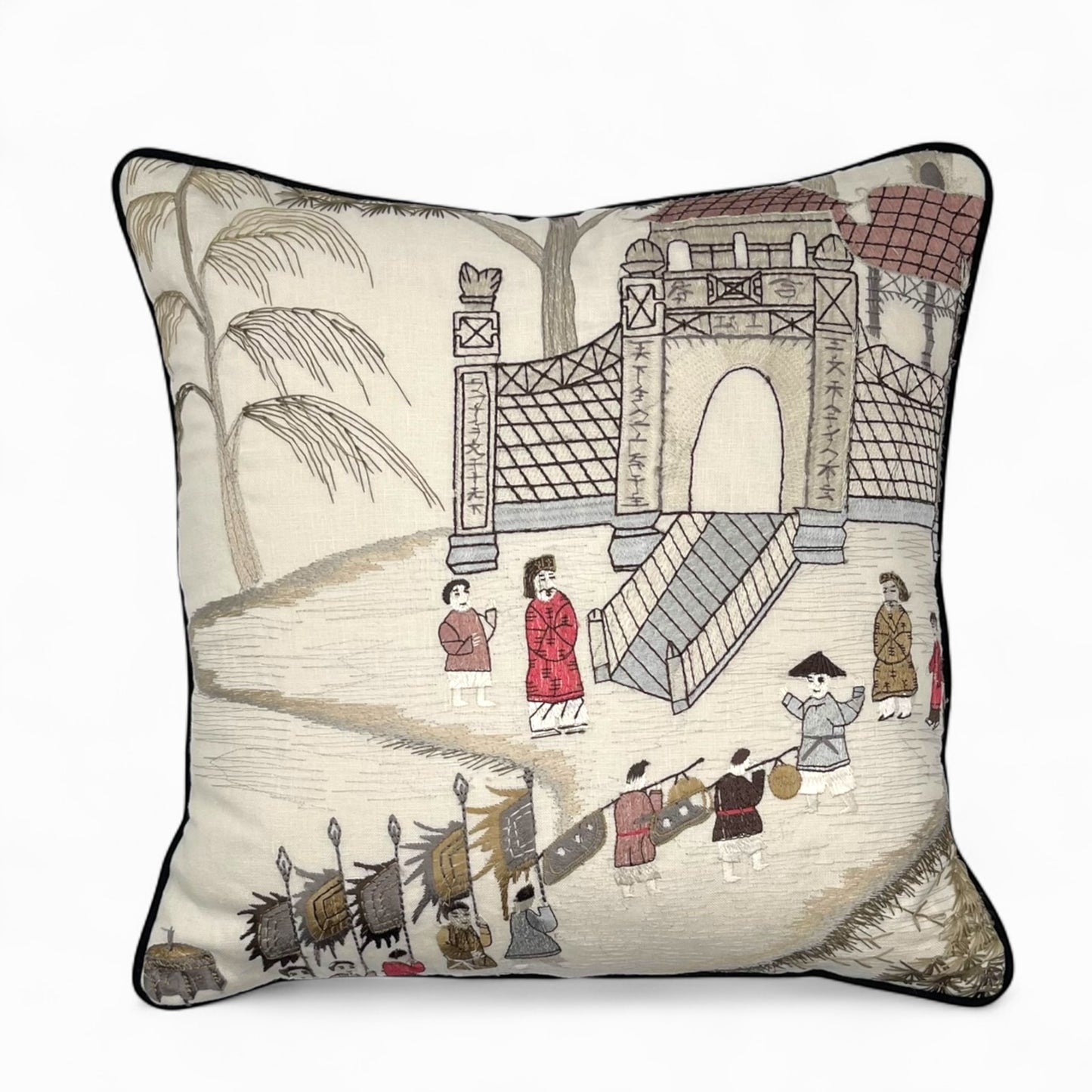 Pillow made with embroidered “Nina Campbell” linen