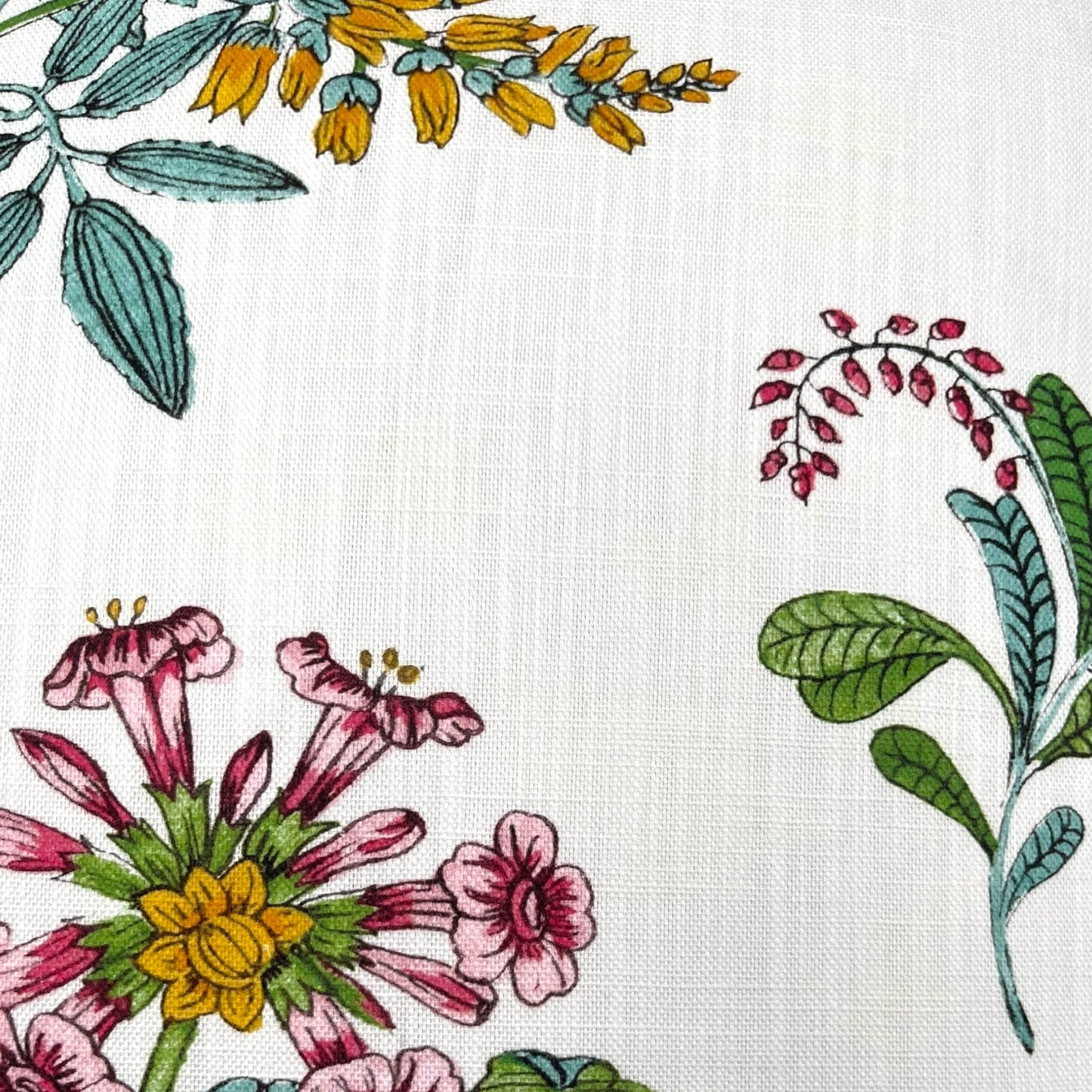 Pillow in woodland floral fabric by HARLEQUIN for Sophie Robinson (back in 100% linen)