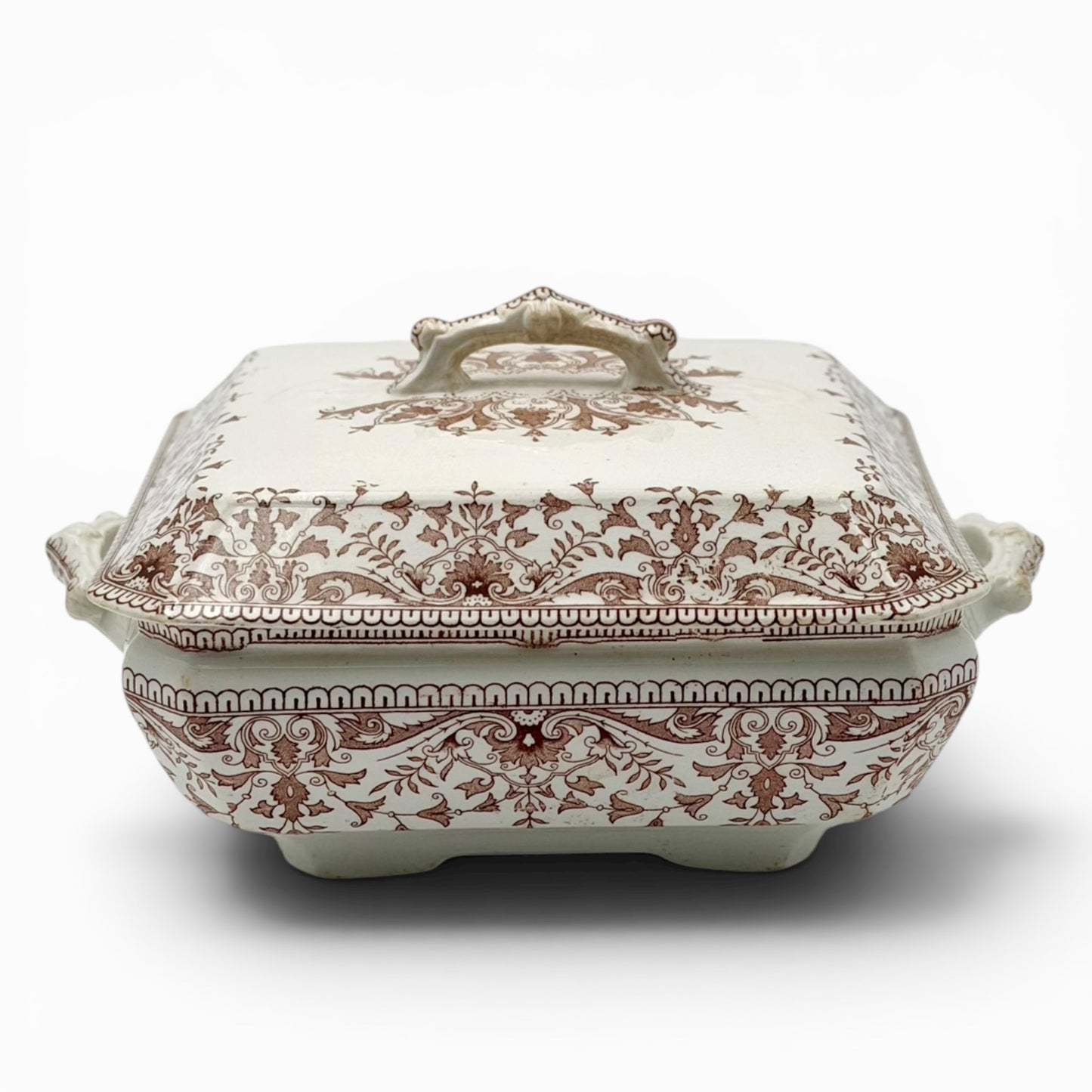 Antique brown transferware covered serving dish