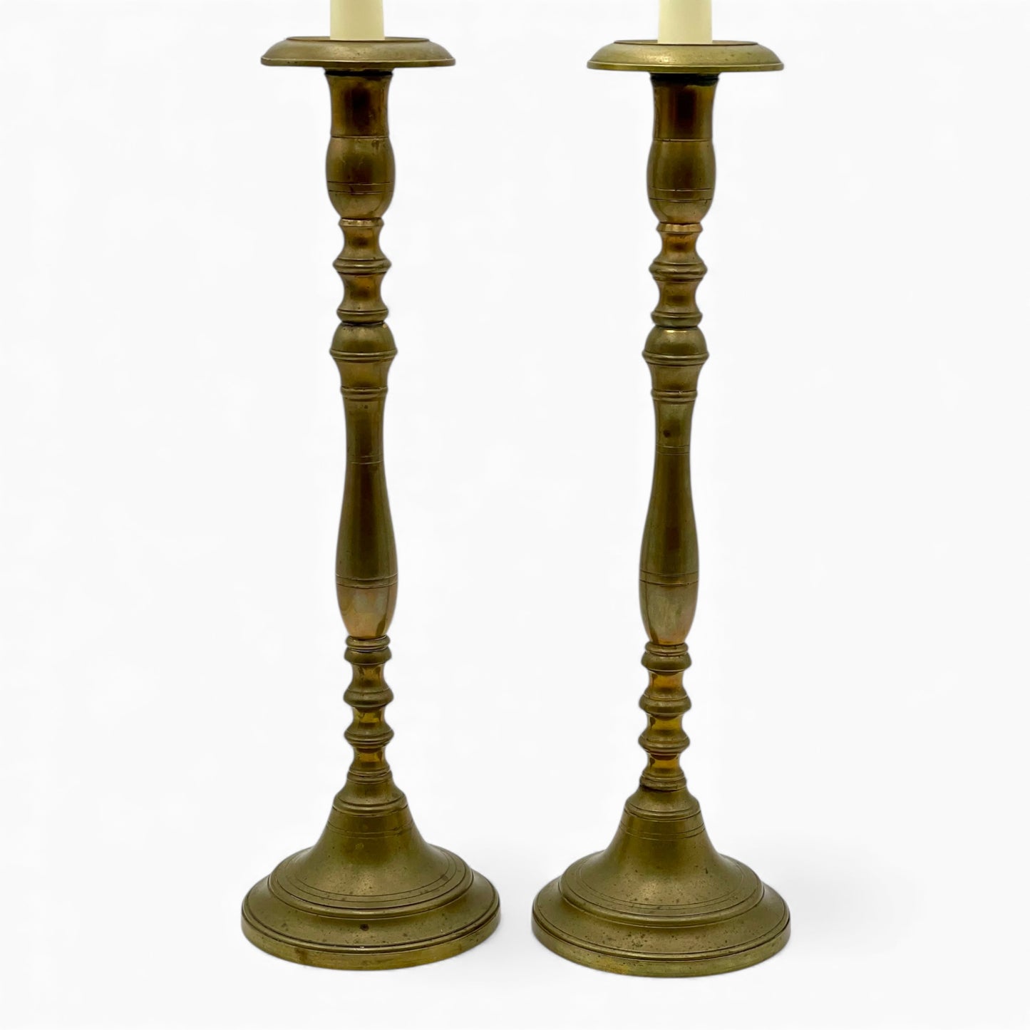 Large pair of antique brass candlesticks