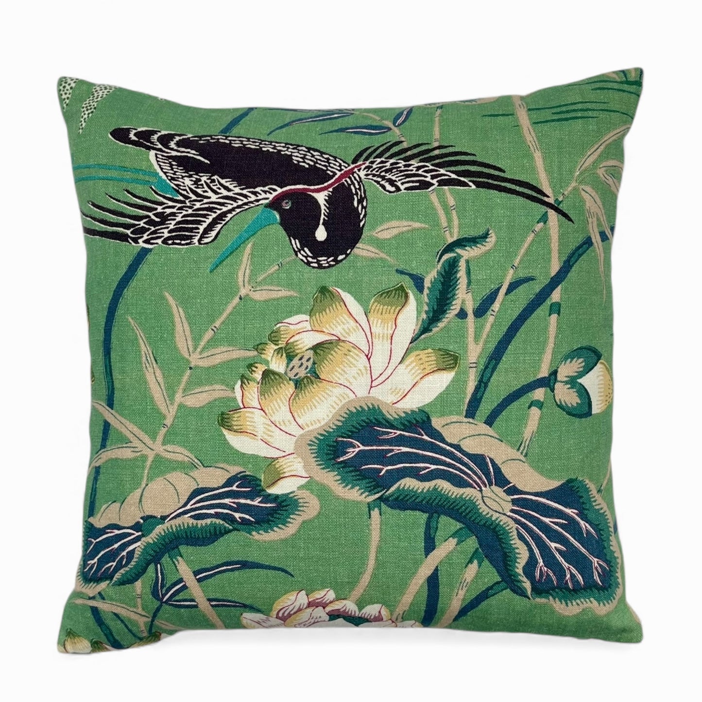 Pillow made with SCHUMACHER Lotus Garden Jade Fabric