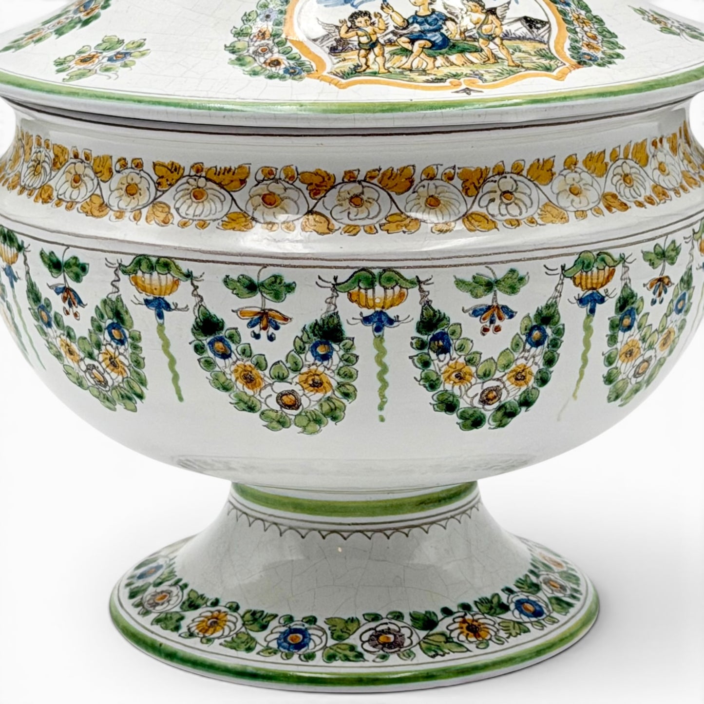 Vintage hand painted Moustier faience lidded tureen