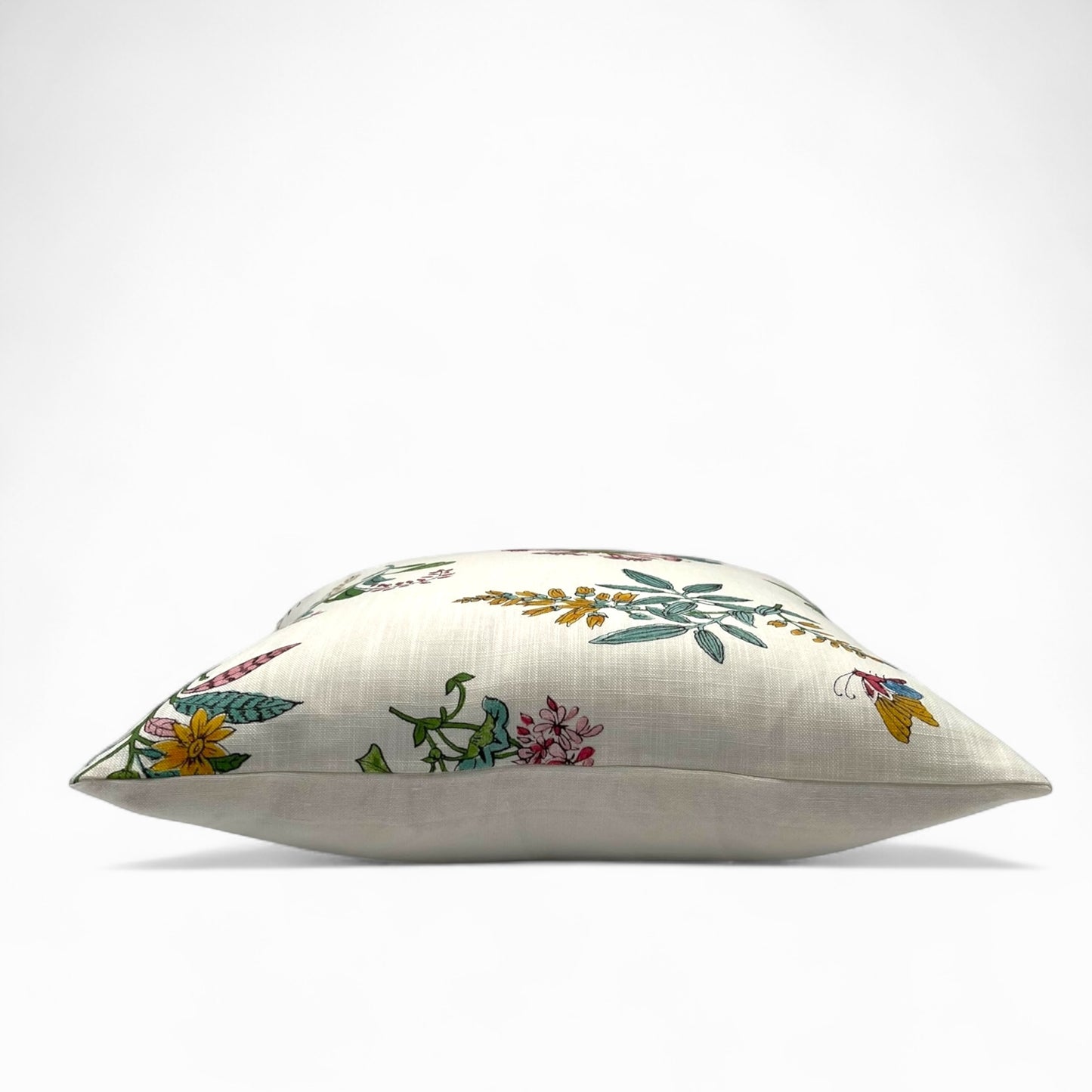 Pillow in woodland floral fabric by HARLEQUIN for Sophie Robinson (back in 100% linen)