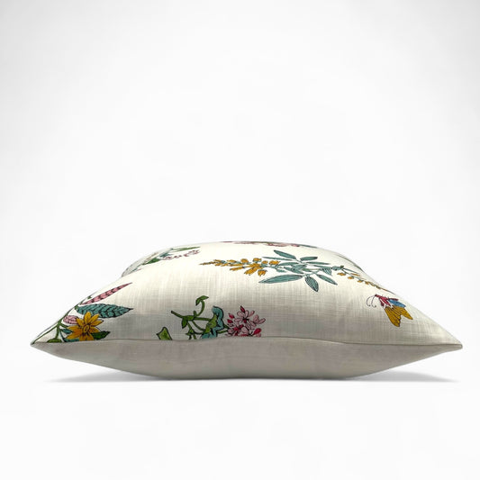 Pillow in woodland floral fabric by HARLEQUIN for Sophie Robinson (back in 100% linen)