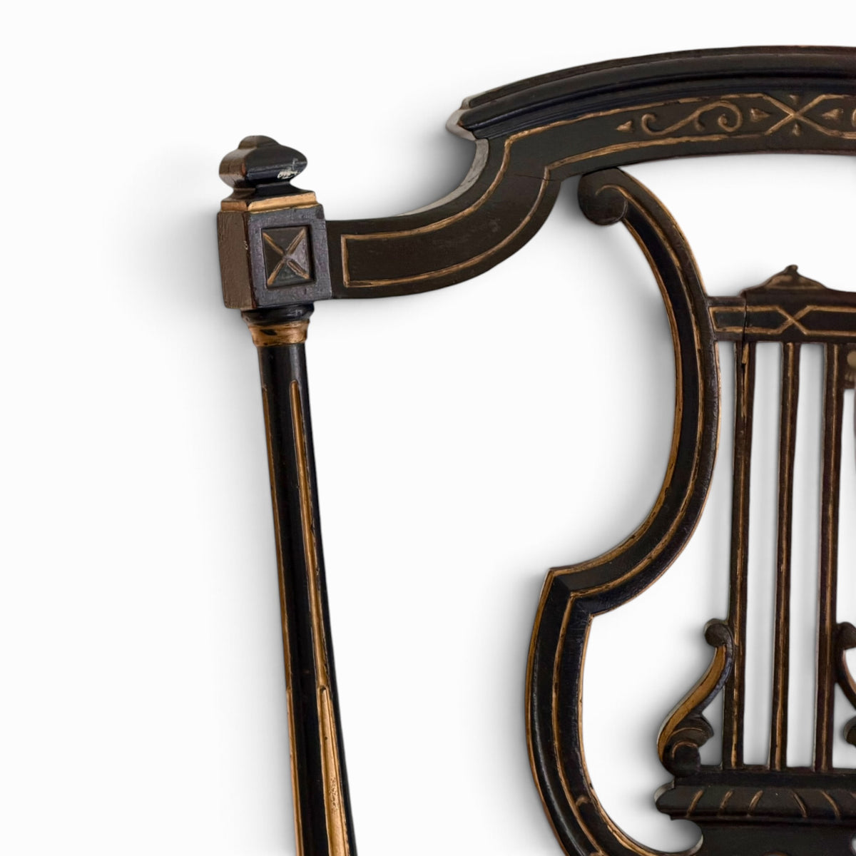 Pair of English Regency Ebonized & Parcel-Gilt Lyre-Back Side Chairs, c. 1820
