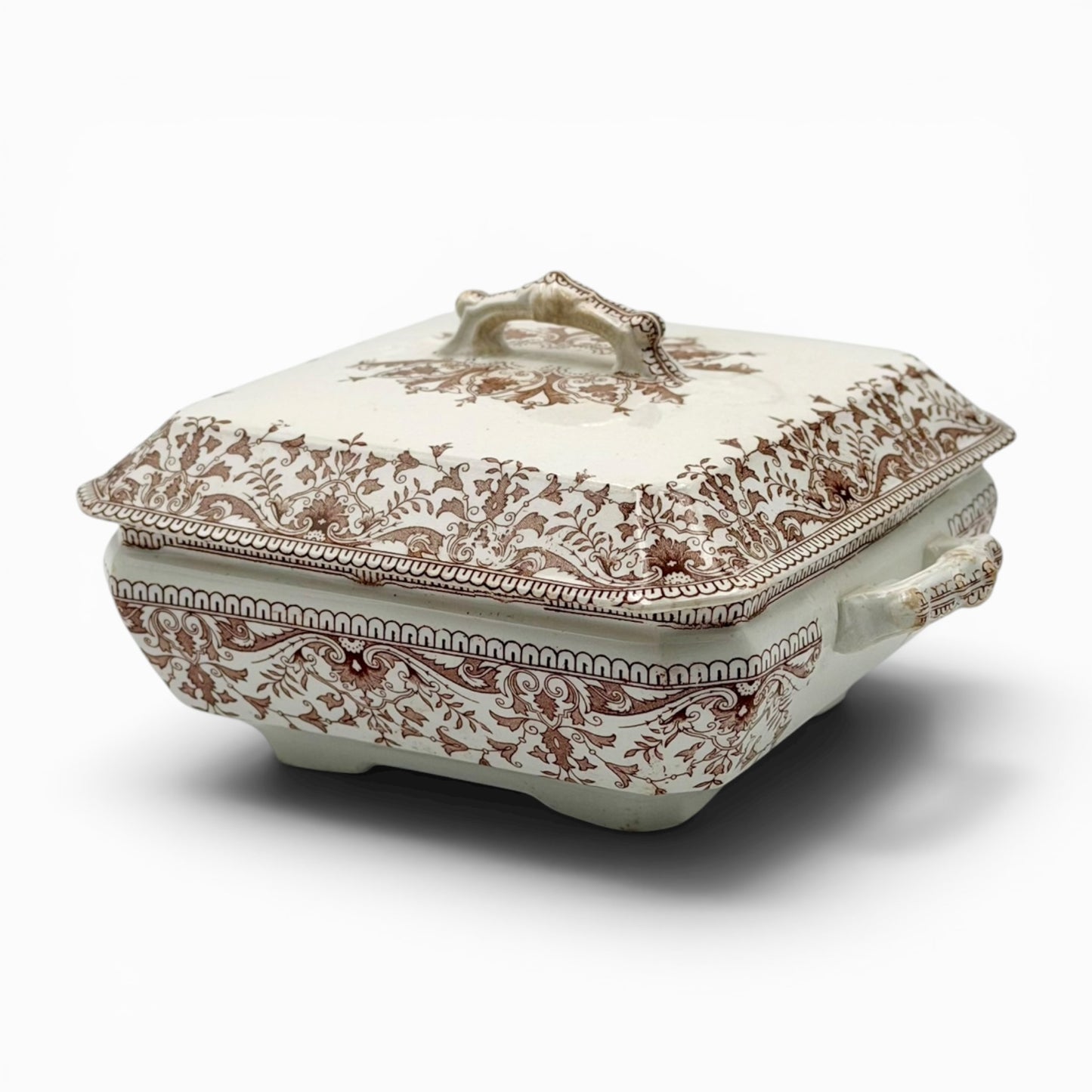 Antique brown transferware covered serving dish