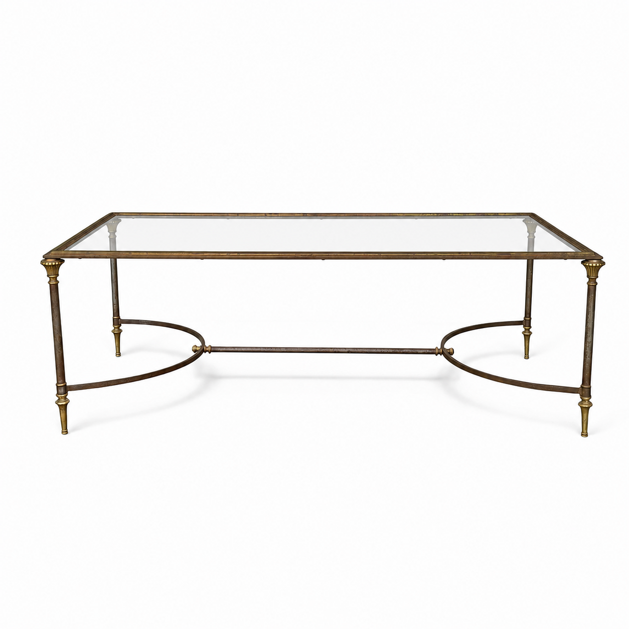 French neoclassical brass and iron coffee table with glass top