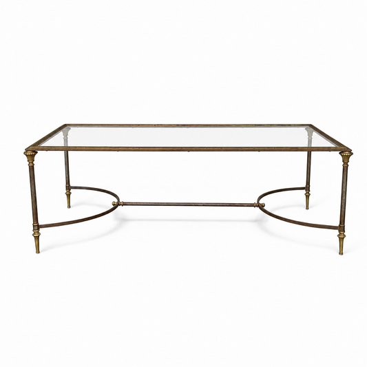 French neoclassical brass and iron coffee table with glass top