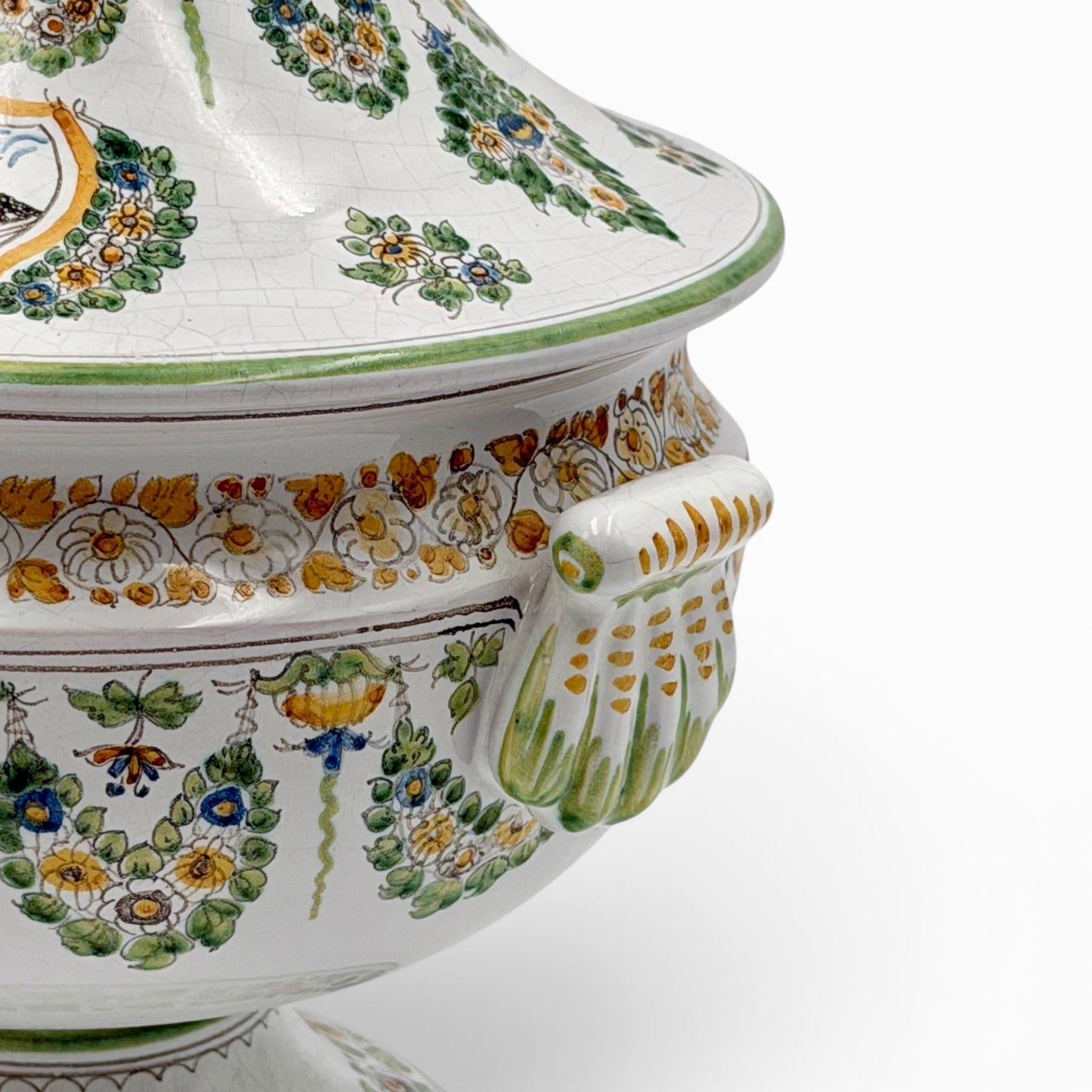 Vintage hand painted Moustier faience lidded tureen
