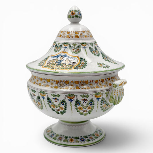 Vintage hand painted Moustier faience lidded tureen