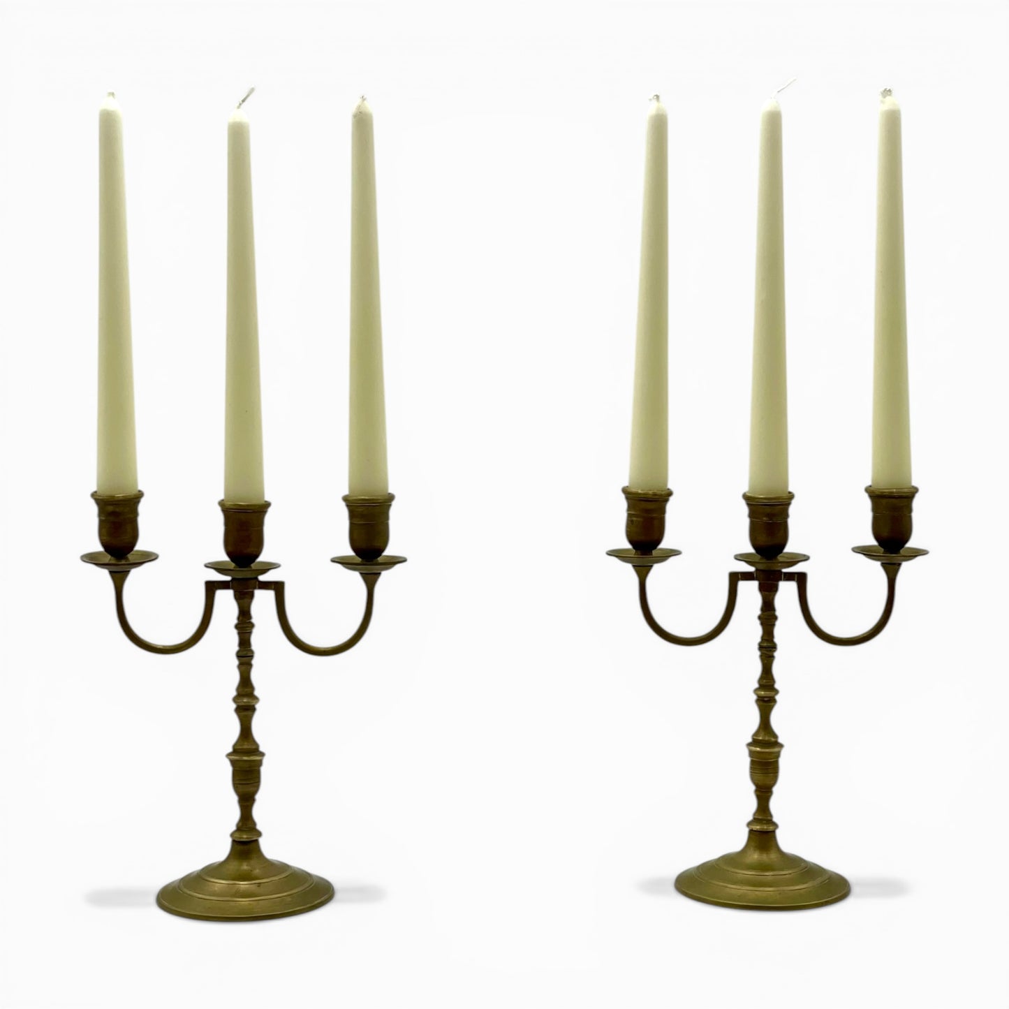 Pair of vintage brass three-light candelabra