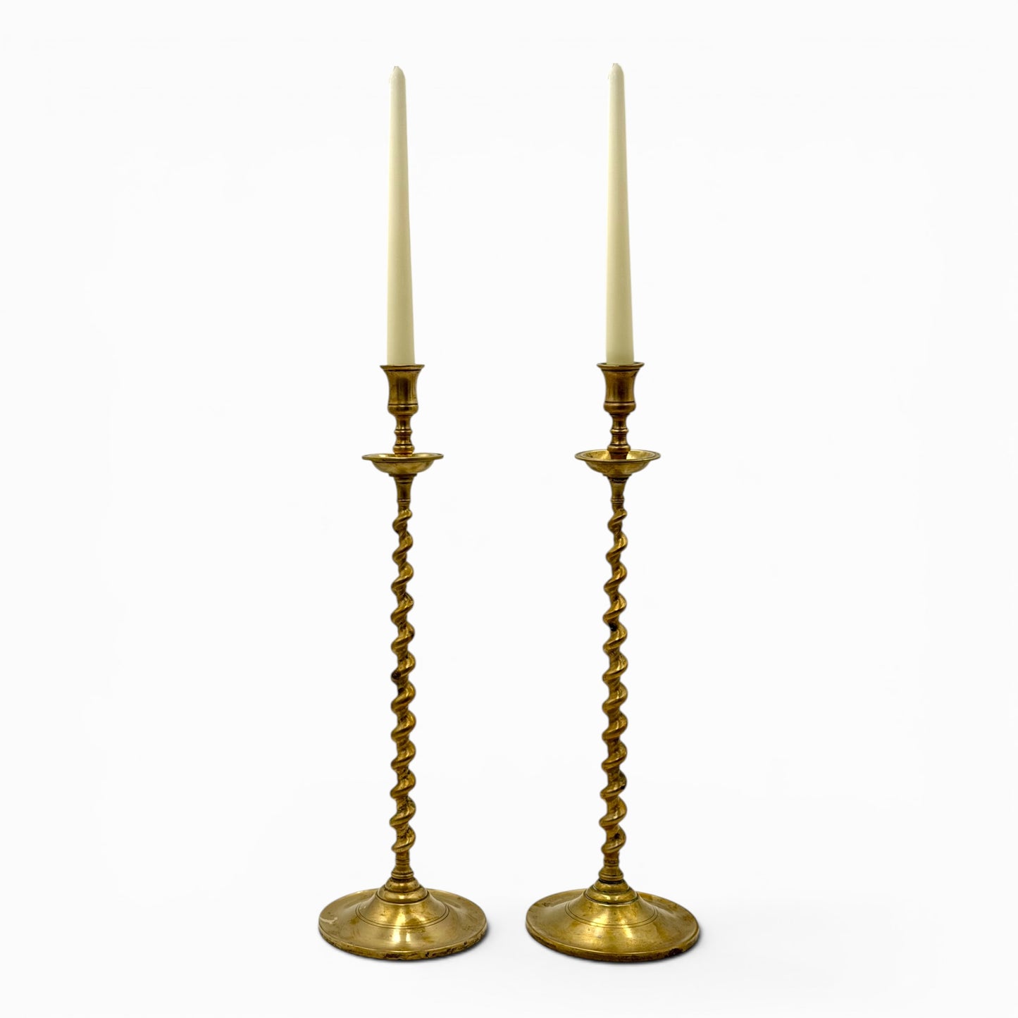 Rare pair of tall antique brass barley twist candlesticks