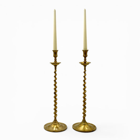 Rare pair of tall antique brass barley twist candlesticks