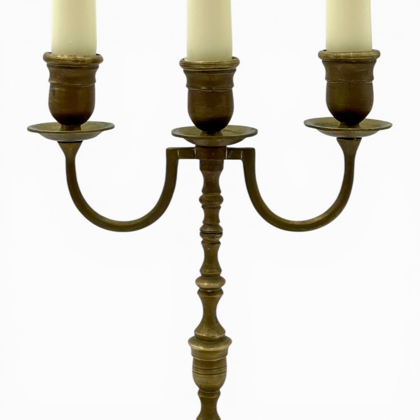 Pair of vintage brass three-light candelabra