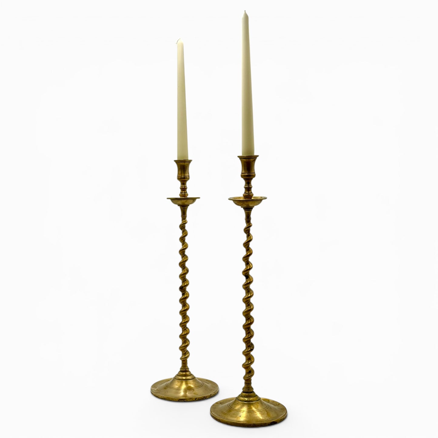 Rare pair of tall antique brass barley twist candlesticks