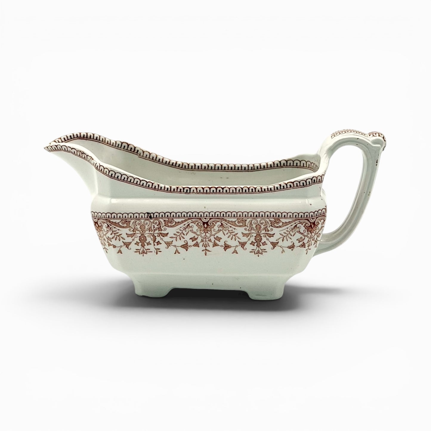 Antique brown transferware porcelains gravy boat