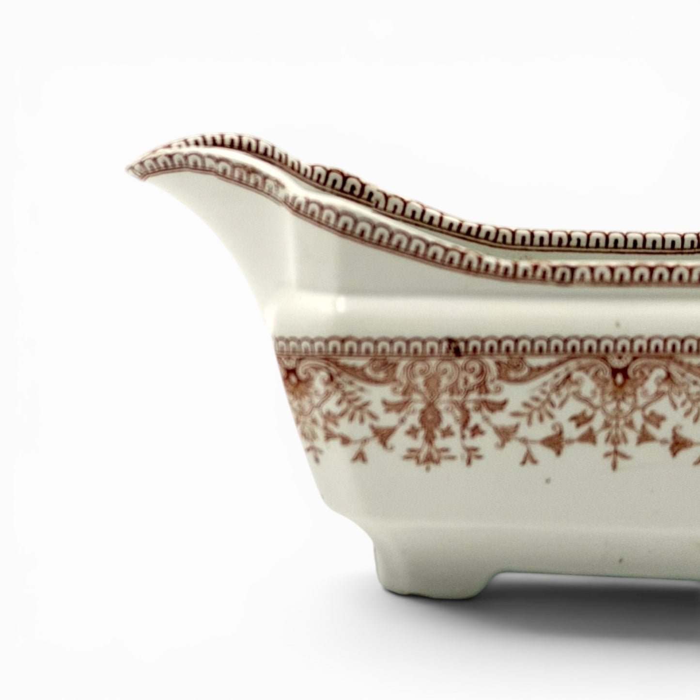 Antique brown transferware porcelains gravy boat