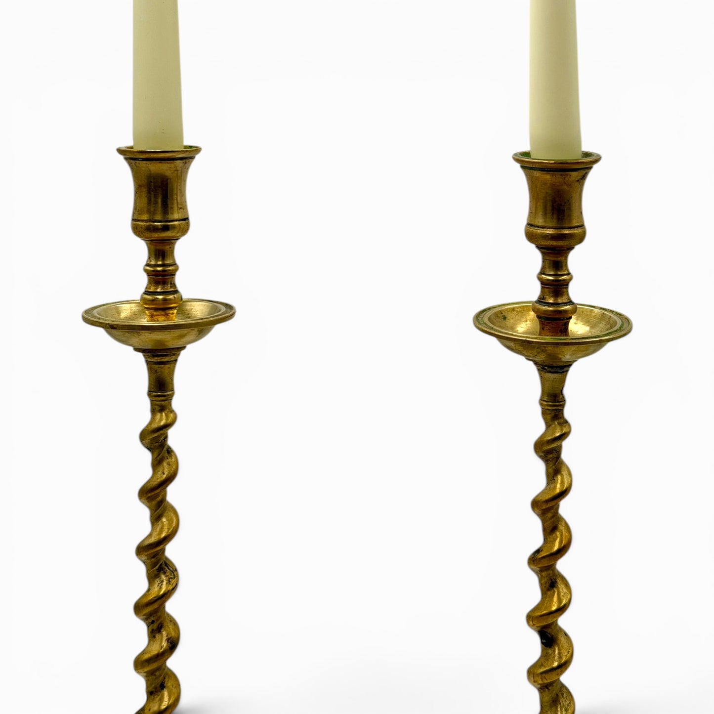 Rare pair of tall antique brass barley twist candlesticks
