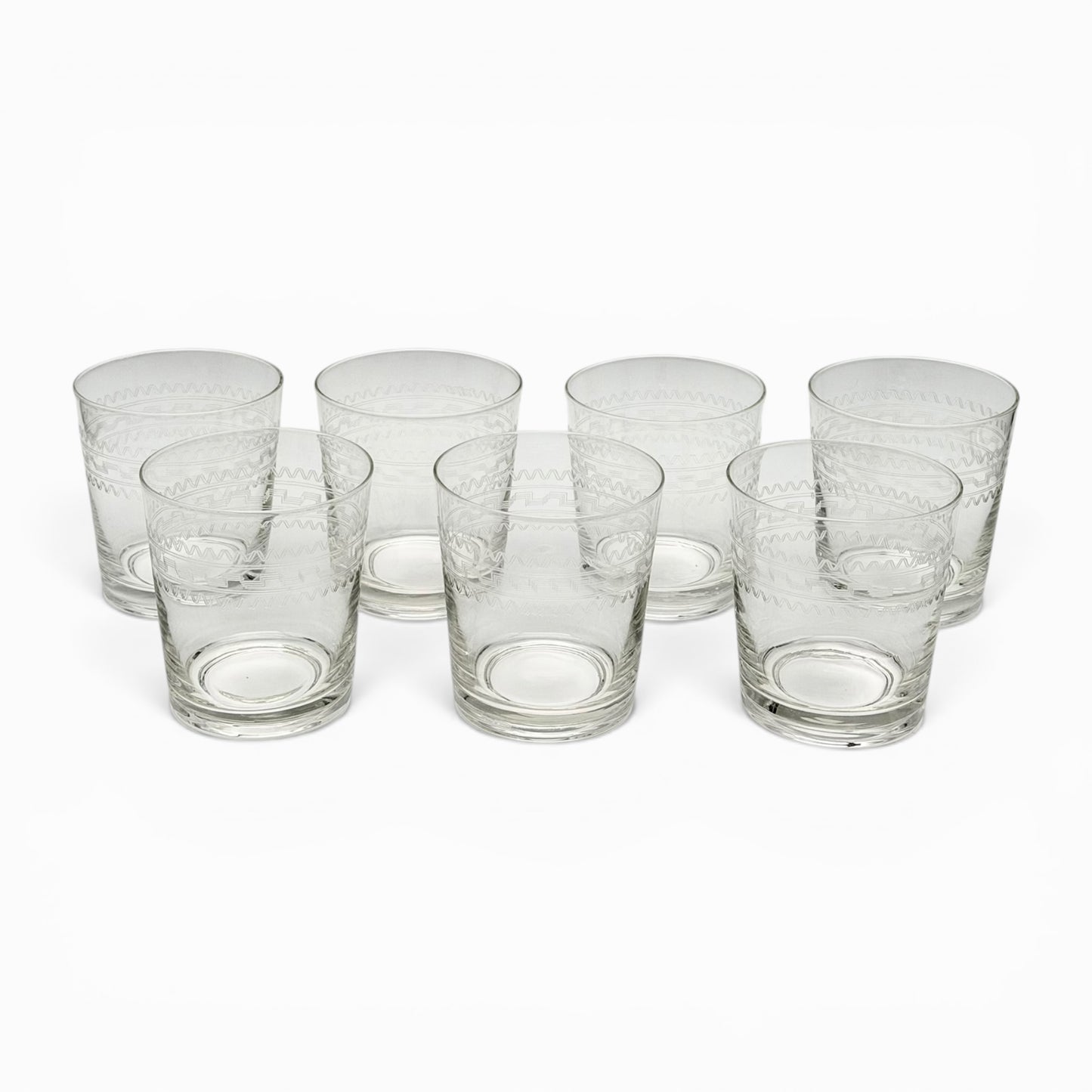 Set of seven vintage etched double old fashioned glasses