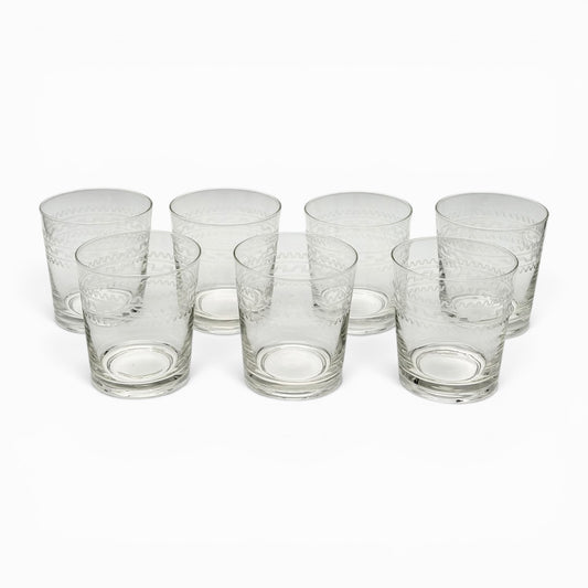 Set of seven vintage etched double old fashioned glasses