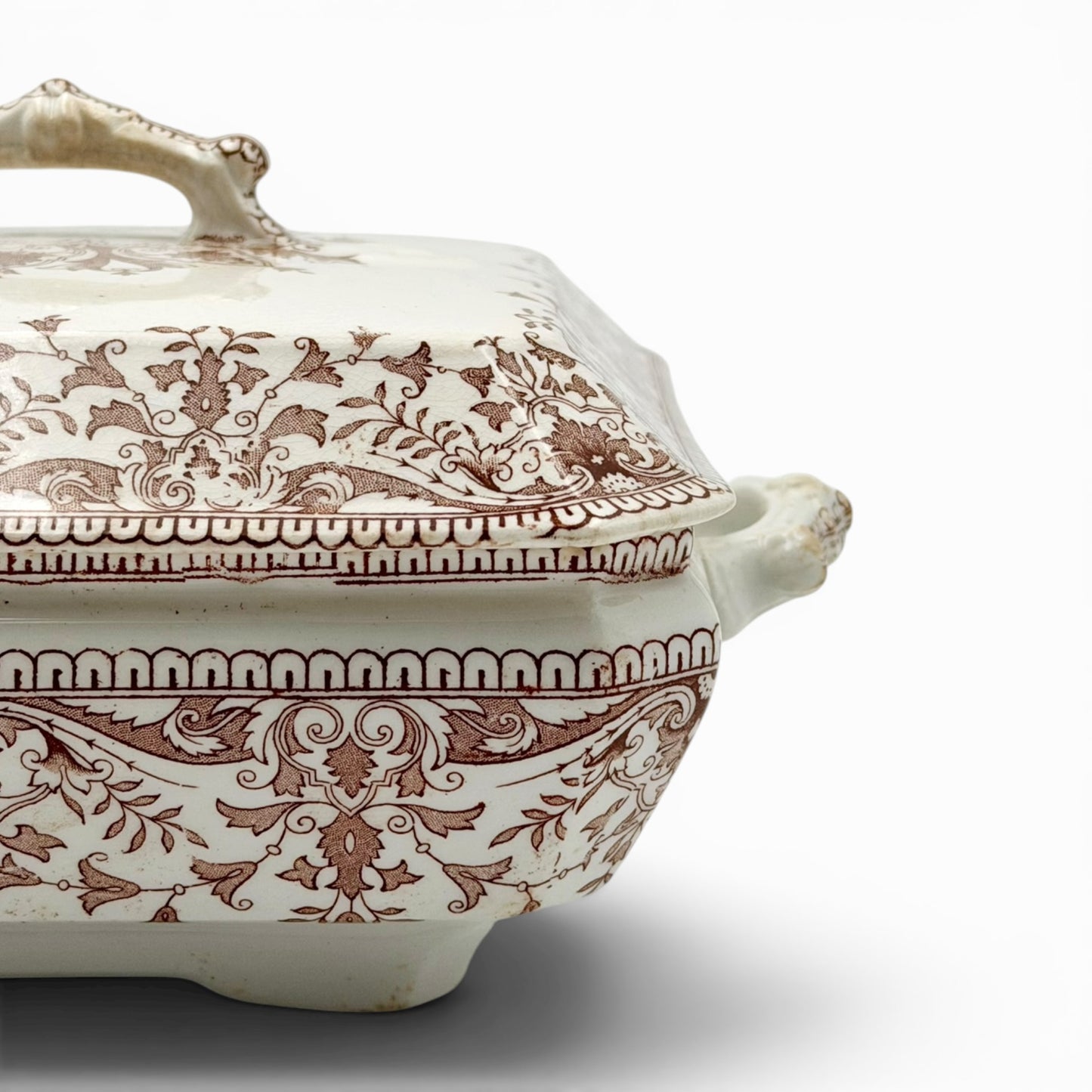 Antique brown transferware covered serving dish