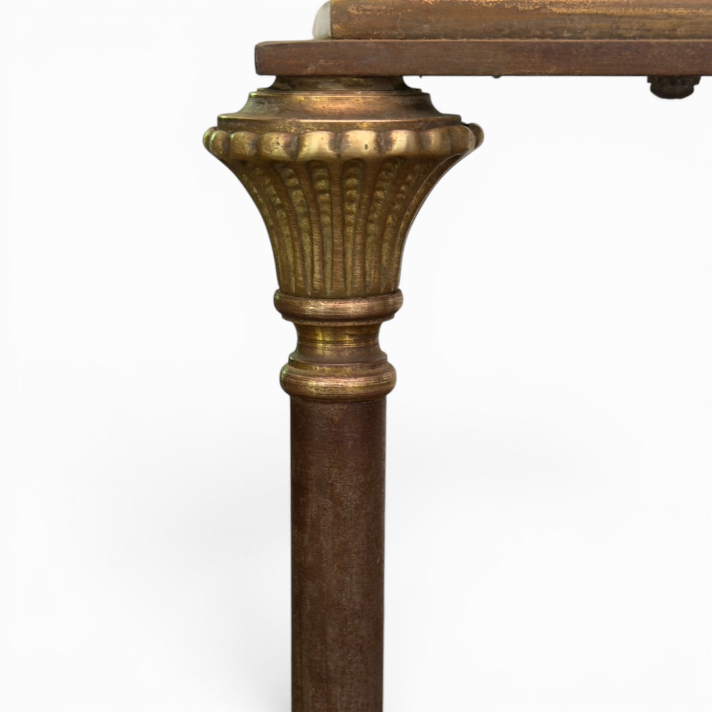 French neoclassical brass and iron coffee table with glass top