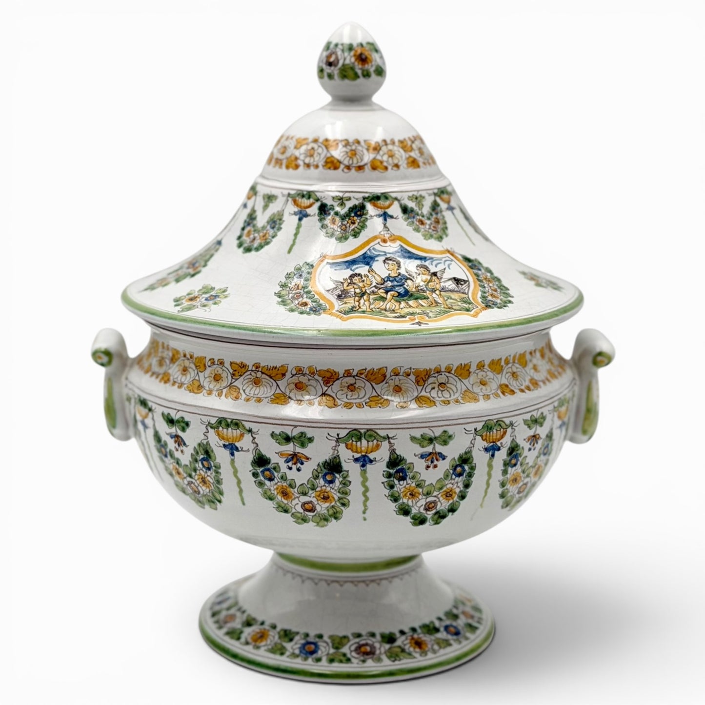 Vintage hand painted Moustier faience lidded tureen