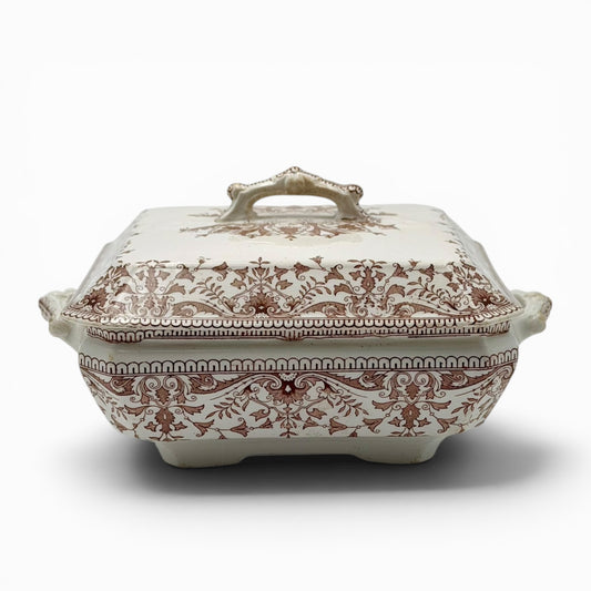 Antique brown transferware covered serving dish